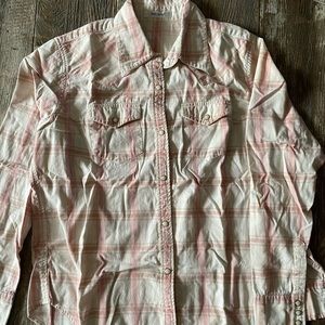 Women Pink & White Plaid Denim Shirt